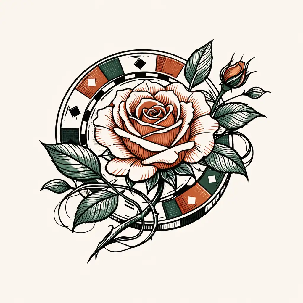 Illustration botanique d’une rose entrelacée avec un jeton de poker, symbolisant le concept Botanical Poker Atelier