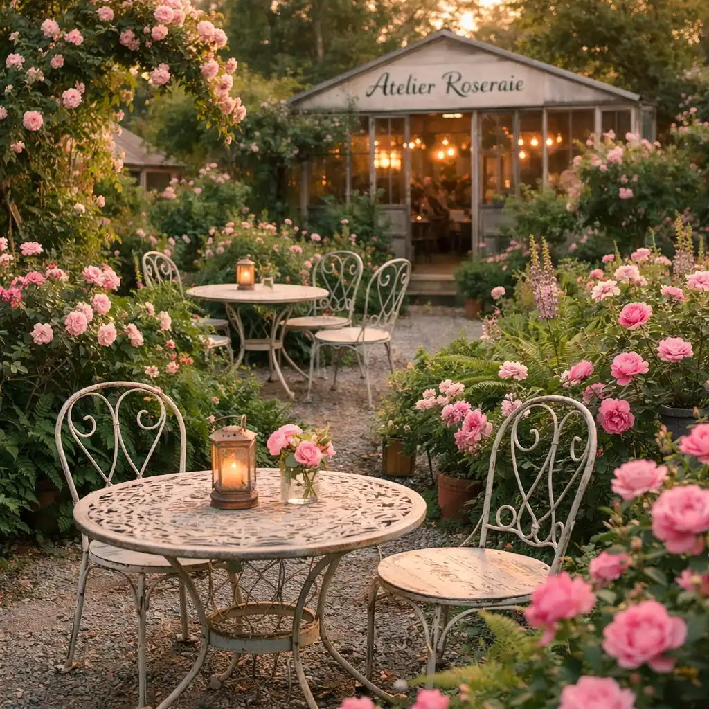 Jardin botanique de l'Atelier Roseraie avec tables en fer forgé et plantes luxuriantes