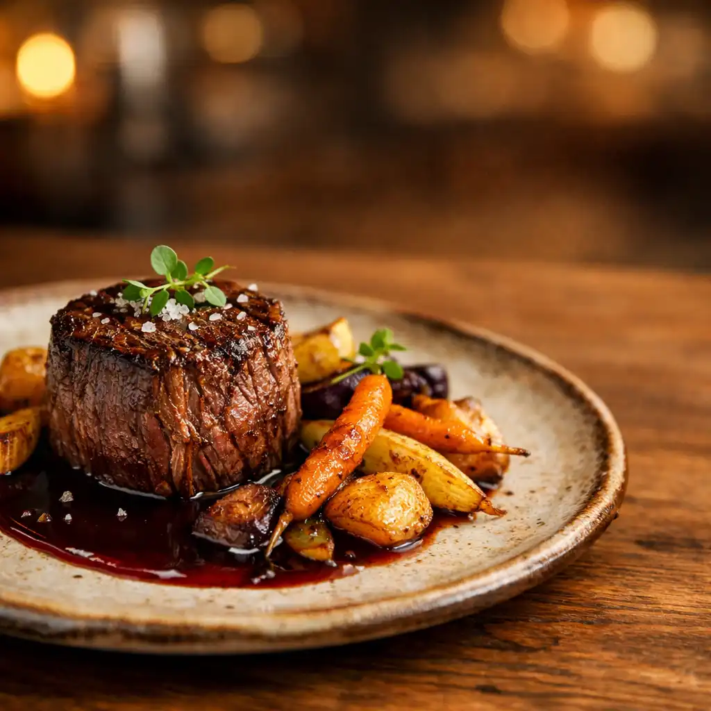 Filet de bœuf avec jus au vin rouge et légumes racines rôtis