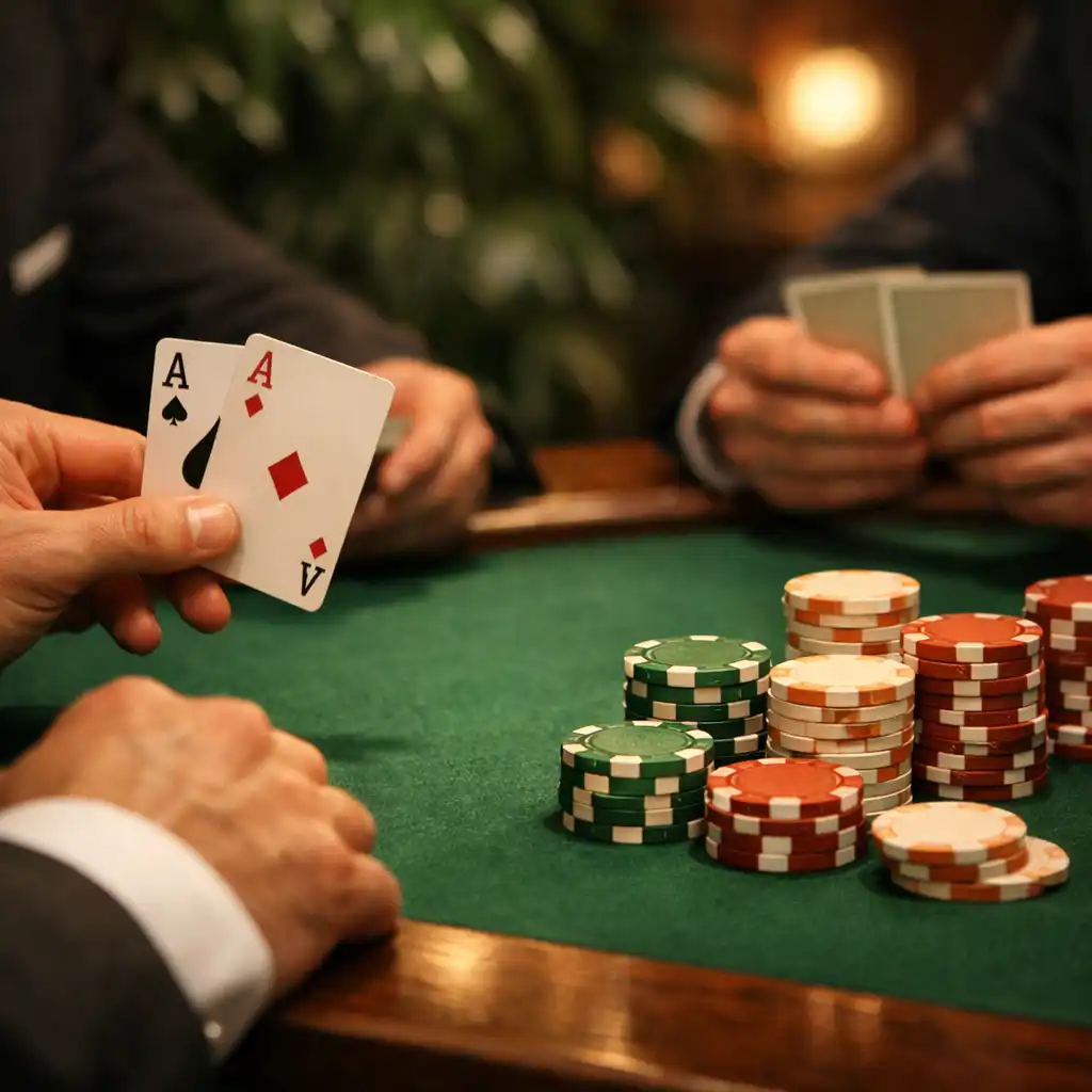 Gros plan sur des mains de joueurs tenant des cartes autour d'une table de poker, avec des jetons colorés