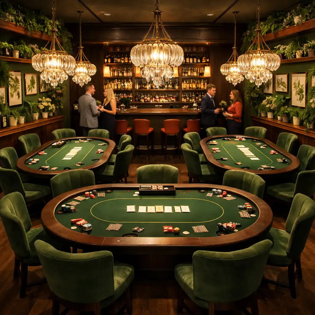 Vue d'ensemble d'un salon de poker privé avec tables, chaises en velours vert et plantes