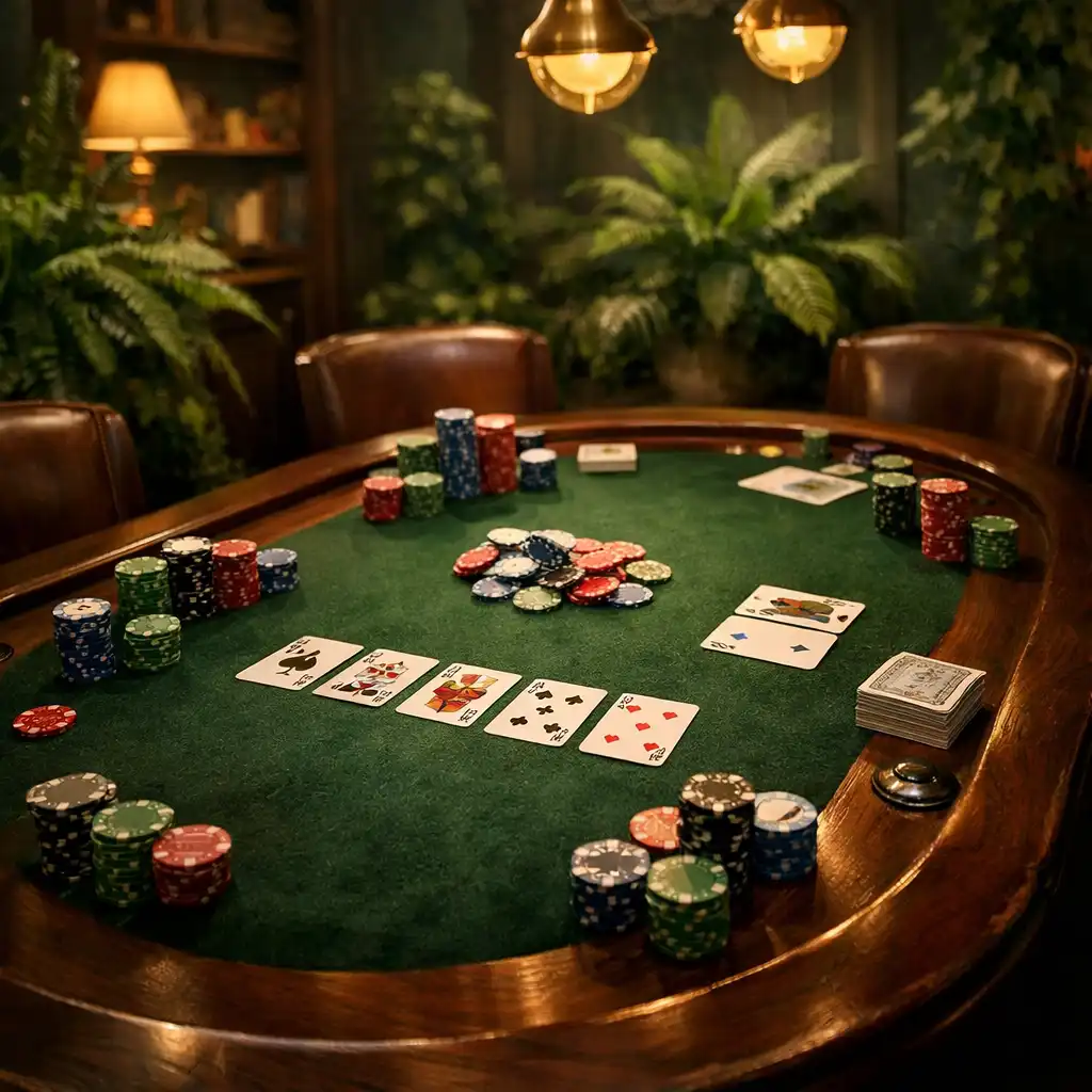 Table de poker élégante entourée de plantes vertes dans le salon végétal d'Atelier Roseraie
