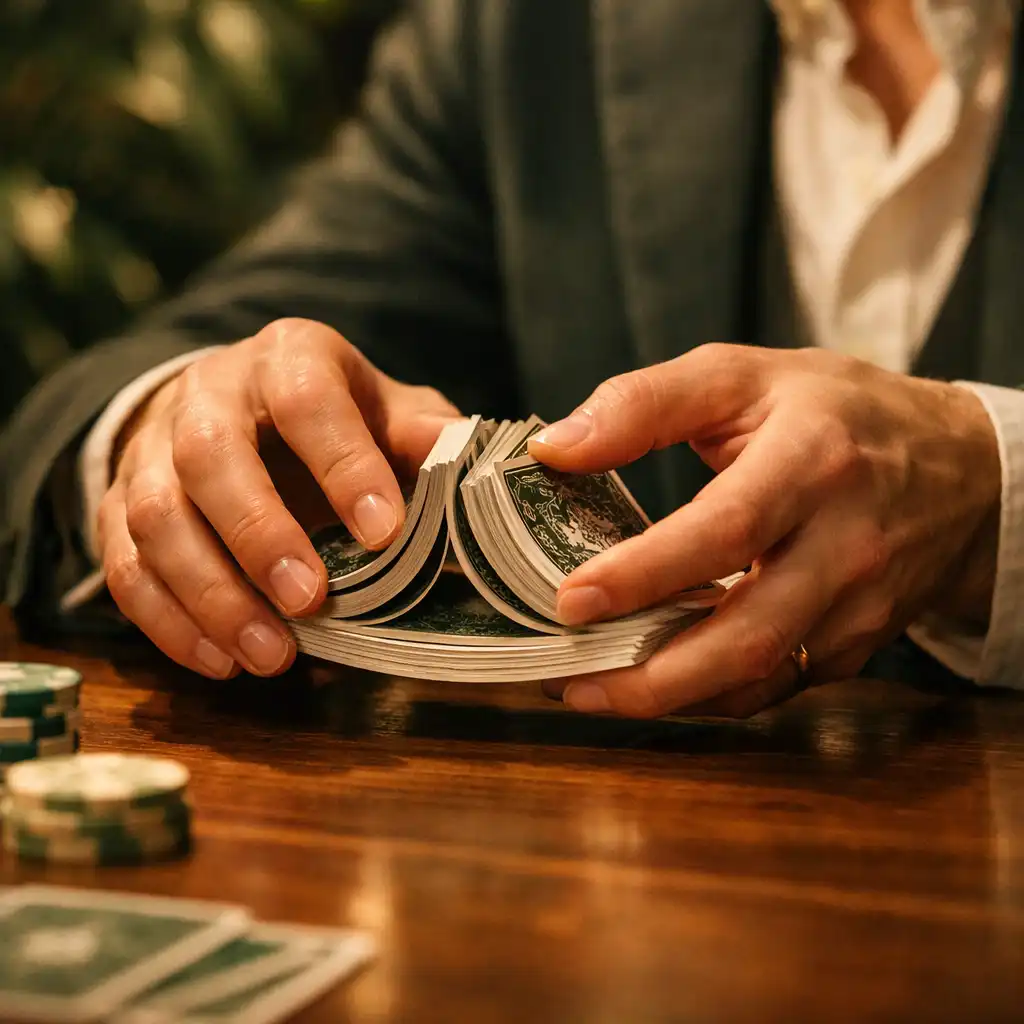 Joueur mélangeant un jeu de cartes avec des plantes vertes en arrière-plan
