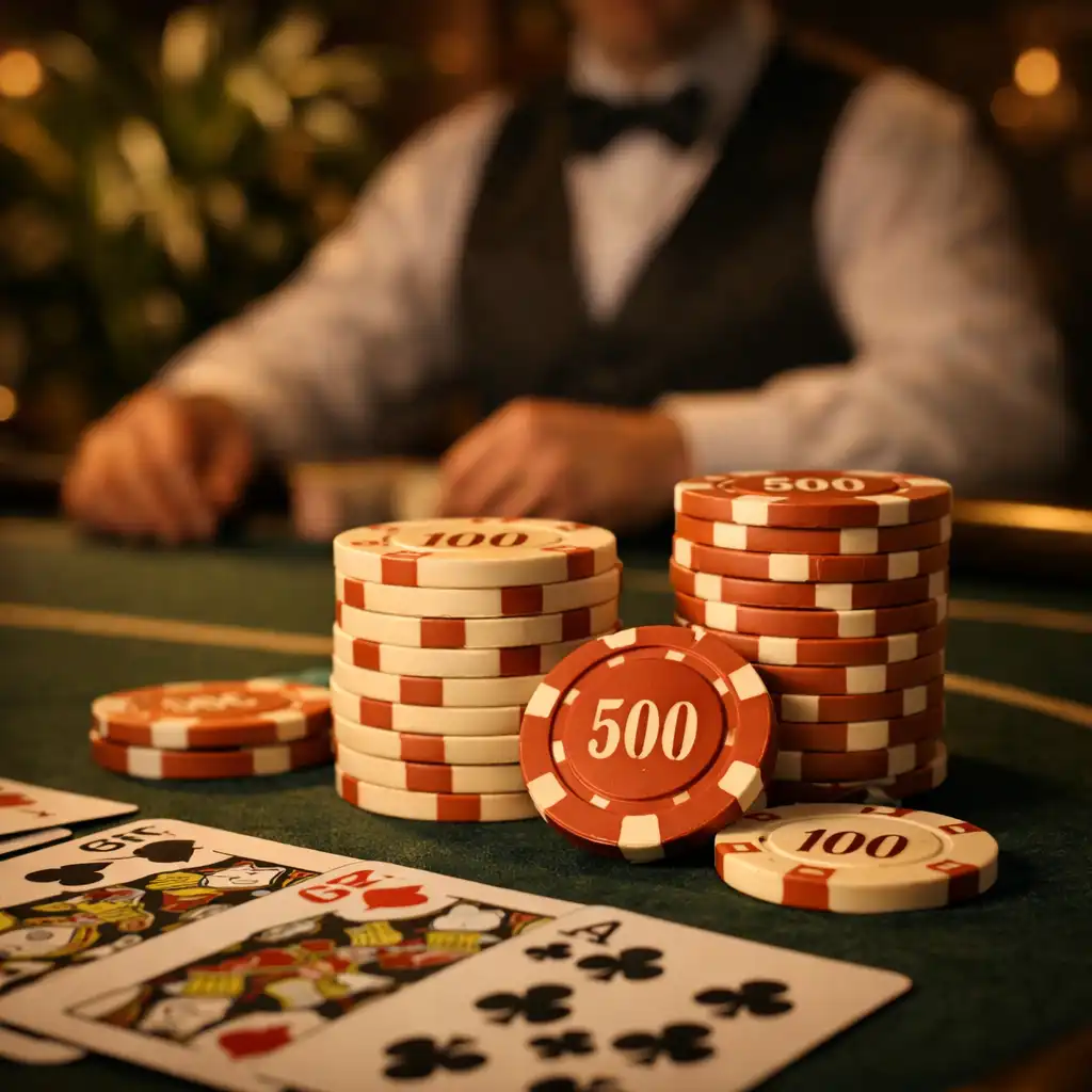 Gros plan sur une table de poker professionnelle avec jetons en céramique et cartes à jouer