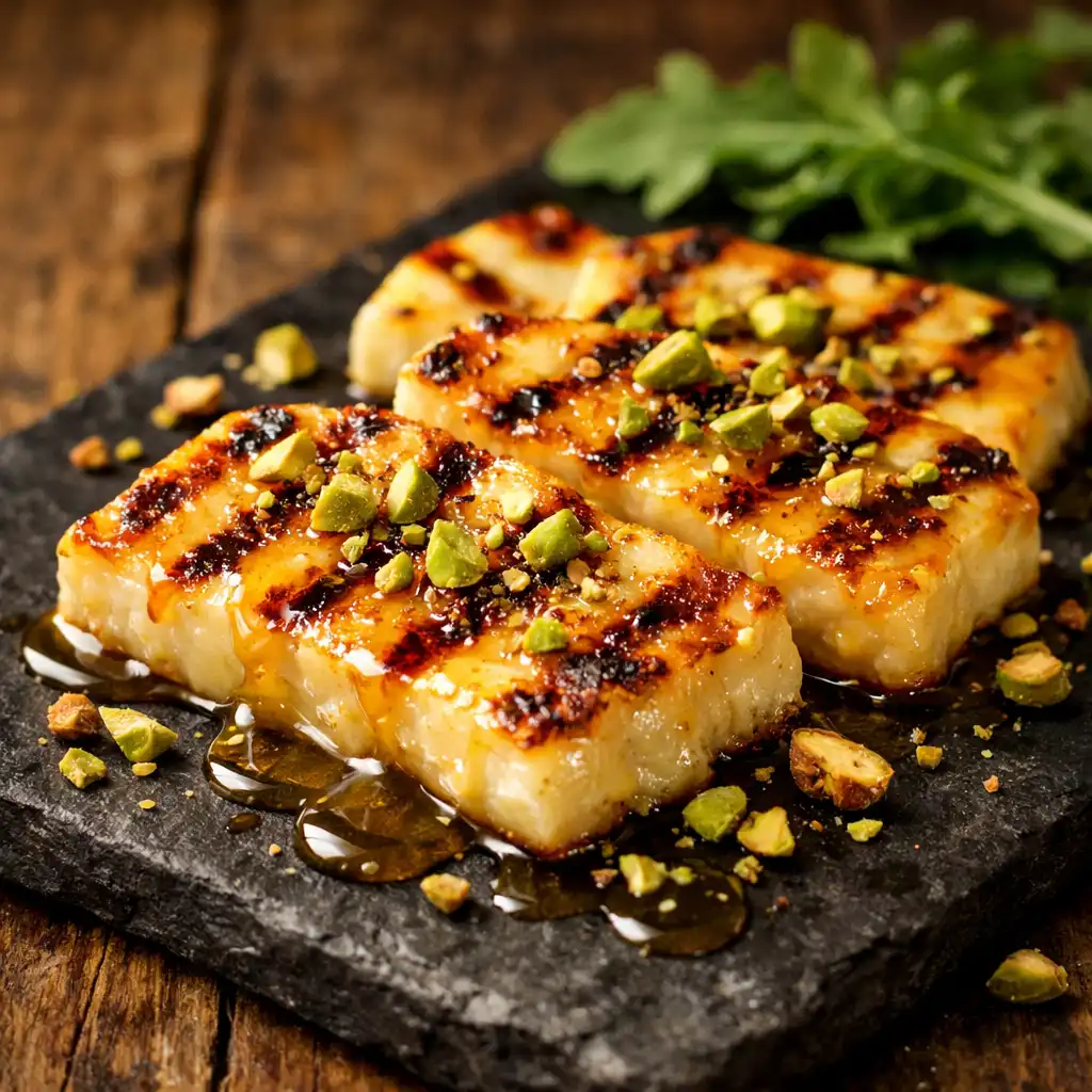Grillowany ser halloumi z miodem i orzechami