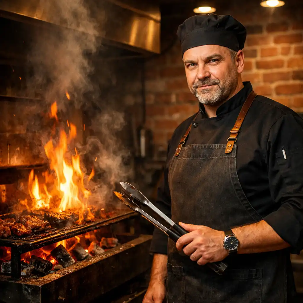 Szef kuchni przyprawia mięso przy grillu opalanym drewnem