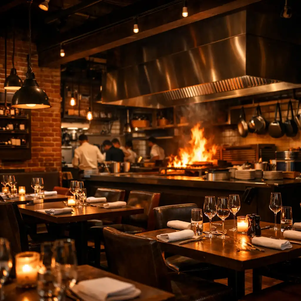 Industrialne wnętrze restauracji Miejski Ogień z otwartą kuchnią