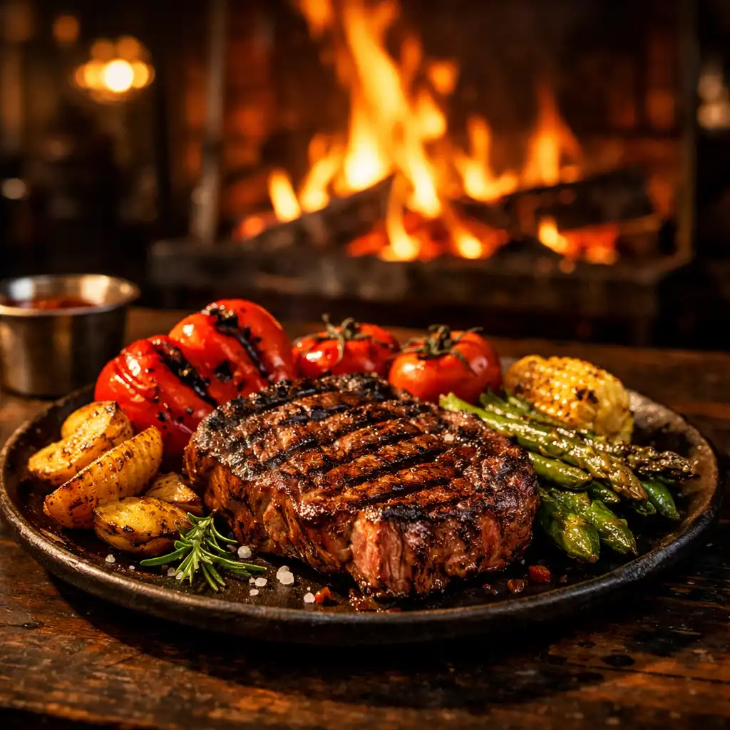Danie z otwartego ognia podane w industrialnej restauracji Miejski Ogień