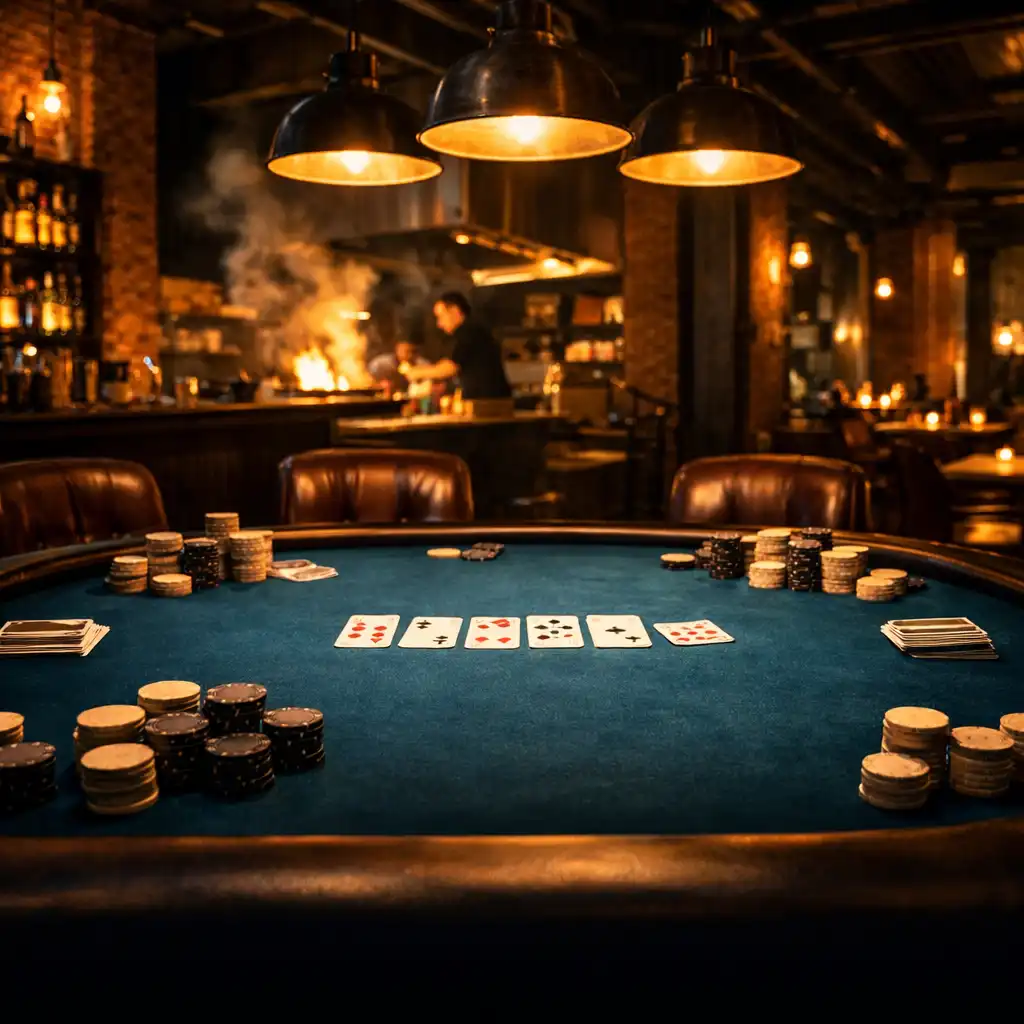 Stół pokerowy w industrialnym wnętrzu Miejskiego Ognia w Łodzi