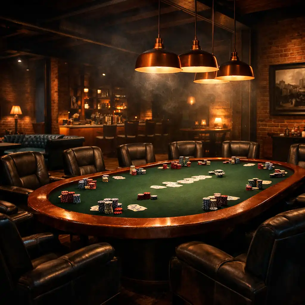 Wnętrze Poker Lounge Łódź z profesjonalnym stołem pokerowym i graczami