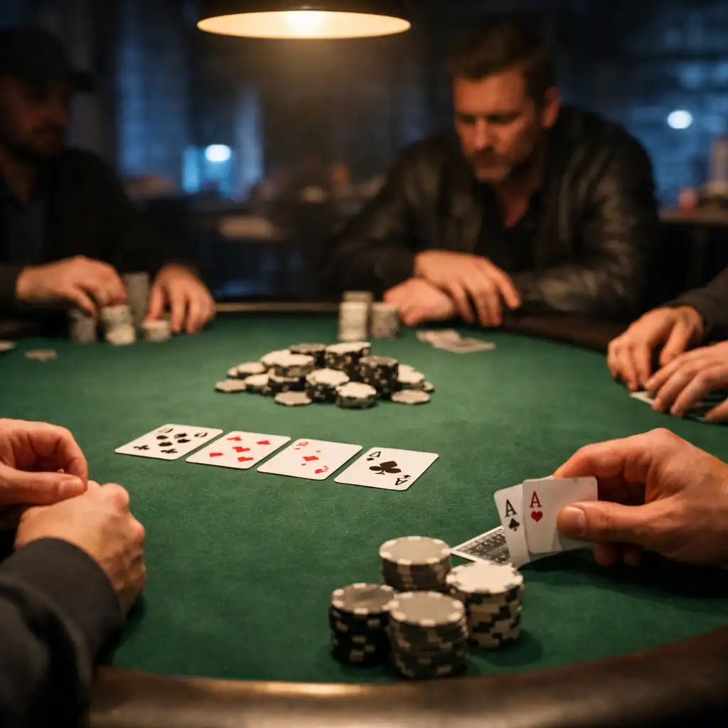Stół pokerowy z zielonym filcem, kartami i żetonami, wokół siedzą skupieni gracze
