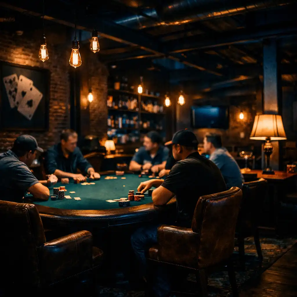 Poker Lounge w Miejskim Ogniu z profesjonalnymi stołami i ciepłym oświetleniem