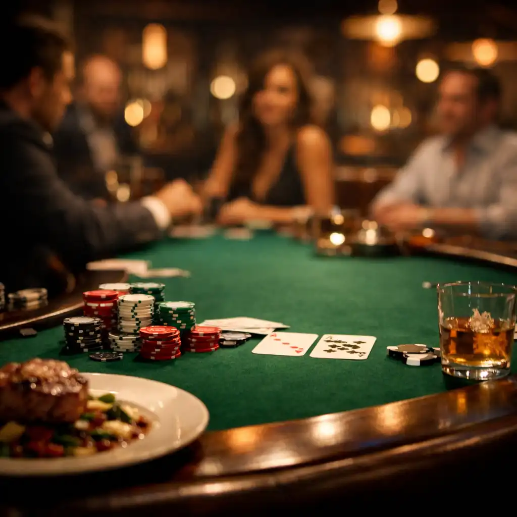 Stół pokerowy w przyciemnionym lounge z talerzem wykwintnego dania