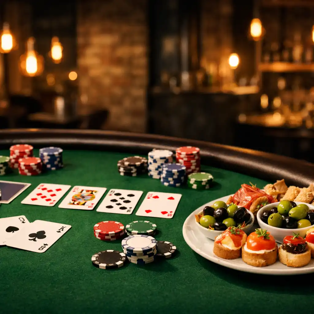 Stół pokerowy z kartami, żetonami i eleganckimi przekąskami