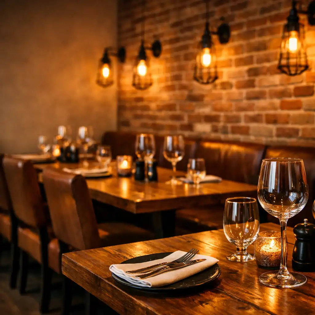Strefa restauracyjna Miejskiego Ognia z drewnianymi stolikami i ceglaną ścianą