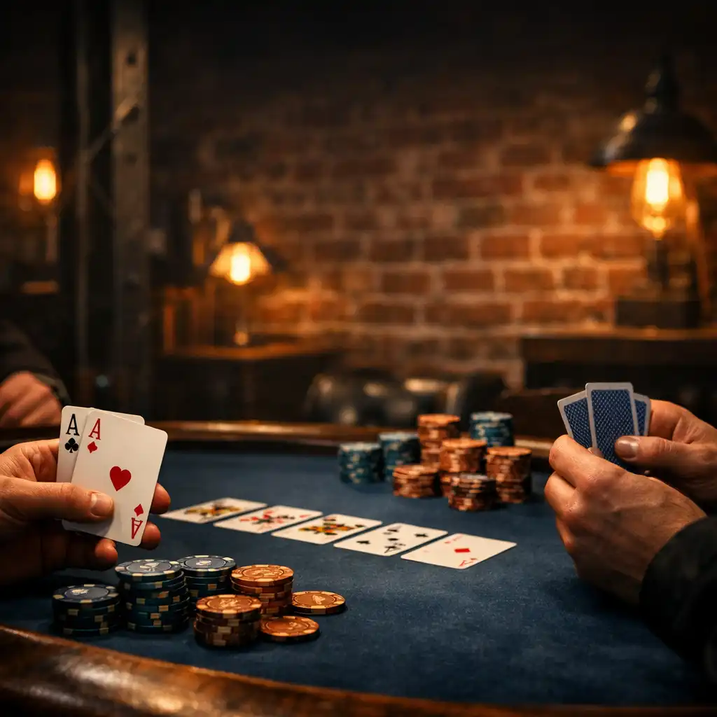 Stół do Texas Hold’em w industrialnym wnętrzu Miejskiego Ogniu, karty i żetony w ciepłym świetle