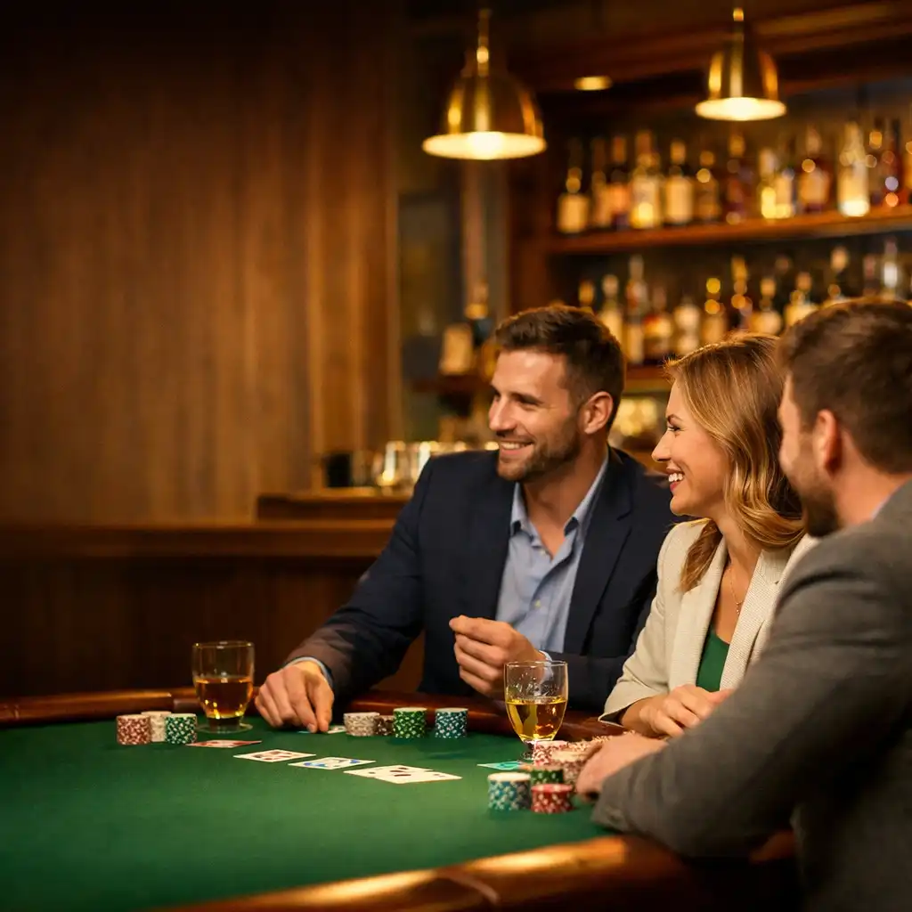 Goście w eleganckich strojach smart casual rozmawiają przy stole pokerowym w Miejskim Ogniu