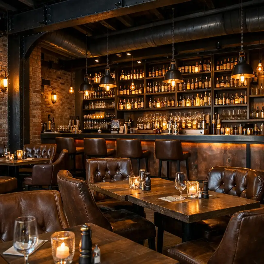 Industrialne wnętrze restauracji z ceglaną ścianą, stalowymi belkami i skórzanymi fotelami